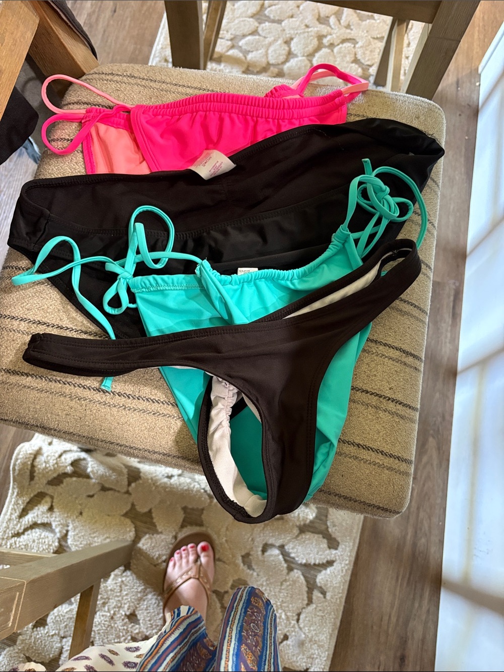 Three-Pack Women’s String Bikini Bottoms in Hot Pink, Black & Teal